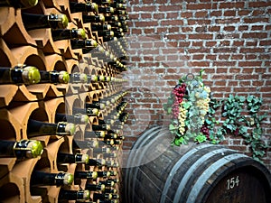 in a sparkling wine cellar many bottles of sparkling wine are stored