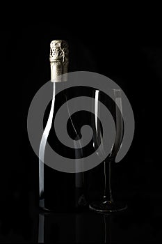 Sparkling wine with an empty glass on a dark background.