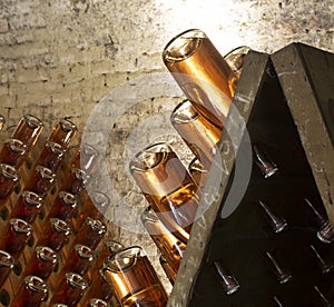 Sparkling wine production by traditional method in underground cellars in Vienna, Austria