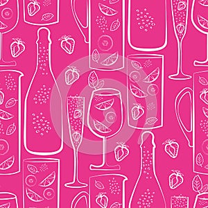 Sparkling wine vector seamless pattern background. Hand drawn bottles, glasses and strawberries rose pink white backdrop