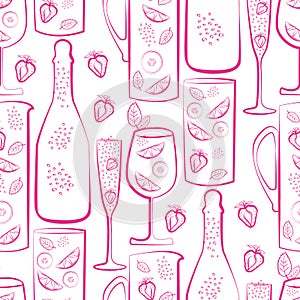 Sparkling wine vector seamless pattern background. Hand drawn bottles, glasses and strawberries rose pink white backdrop