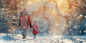 Sparkling Winter Journey: Mother and Child\'s Snowy Walk