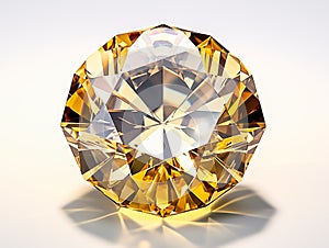 A sparkling yellow gemstone reflecting light with vibrant facets and unique color