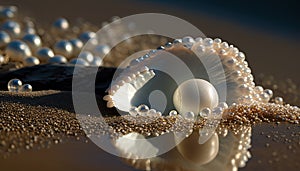 Sparkly pearl in an shell. Sand beach with luxury glimmer jewels. Pearly beads in a seashell by the sea.