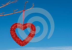 Sparkly red heart hanging on a small tree branch