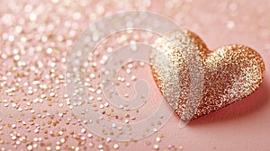 Sparkly Rose Gold Heart on Pink Glitter Background