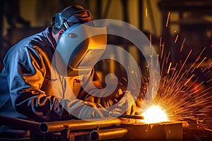 Sparks of Craftsmanship Metal Welder Mastering Steelwork with Electric Arc Welding Machine in Workshop. created with Generative AI