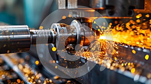 Sparks fly as a machine shapes metal, precision engineering at work.