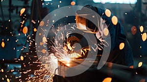 Sparks fly as a worker welds together two pieces of heavy machinery carefully ensuring a secure bond