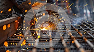 Sparks fly as workers use heavyduty welding equipment to connect steel barriers along the construction site
