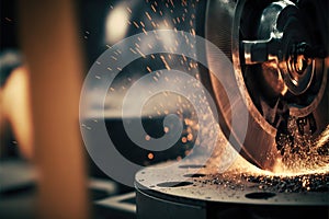 Sparks flying while industry machine grinding and finishing metal, metallurgical plant