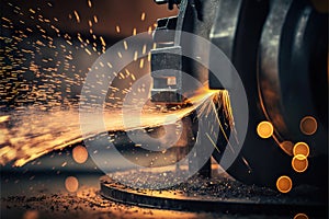 Sparks flying while industry machine grinding and finishing metal, metallurgical plant