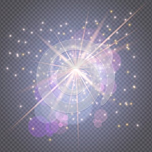 Sparks glitter glowing - star burst glow with lens flare isolated on transparent backdrop.Light effects decorations for