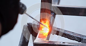 Sparks and jets of smoke when welding