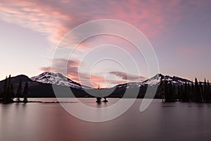Sparks Lake and Broken Top with a Pink and Blue Sky, Deschutes N