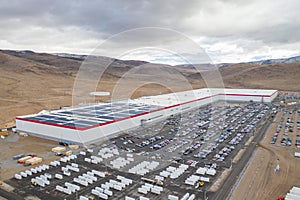 SPARKS, NEVADA, UNITED STATES - Dec 17, 2020: Tesla\'s Gigafactory building in Northern Nevada