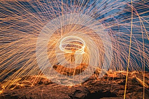 Sparks from steel. Steel wool