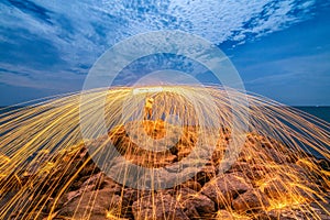 Sparks from steel. Steel wool