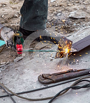 Sparks from welding at a construction site
