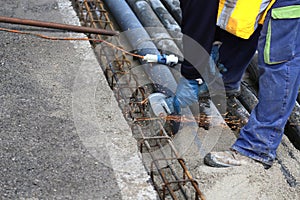 Sparks when worker cut iron with a flexible