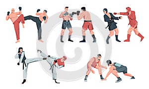 Sparring. Martial arts competitive characters fighting, boxing and training, muscular athletes in fight stance combat
