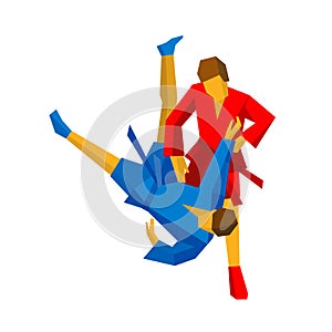 Sparring of two sambo fighters in red and blue