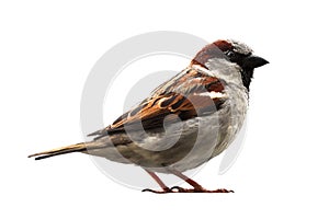 Sparrow bird isolated. Sparrow songbird family Passeridae sitting perching isolated cut out on white background close up photo.