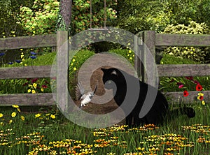 Sparrow and Cat with Flowers. 3D Illustration