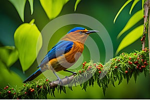Sparrow with Distinctive Beak: 3D Render of Avian Perched on Tree Branch Amidst Jungle Splendor