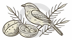 Sparrow Or Finch With Walnuts Bird And Nuts Wildlife Vector Sketch, vector design Generative AI photo