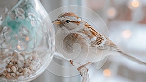 Sparrow perched by bird feeder in winter light