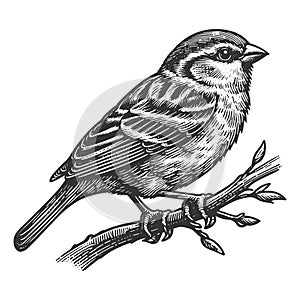 Sparrow Perched on Branch engraving raster