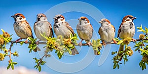 Sparrows perched on budding tree branch under clear blue sky serene nature scene Creative AI