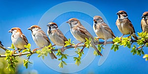 Sparrows perched on budding tree branch under clear blue sky serene nature scene Creative AI