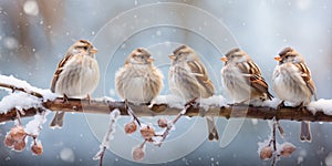 Sparrows sitting on a branch in winter garden, hunched