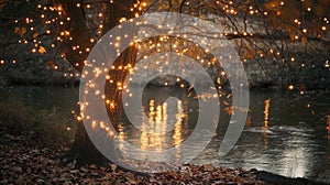 Sparse autumn tree with glowing string lights wrapped around its branches