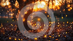 Sparse autumn tree with glowing string lights wrapped around its branches