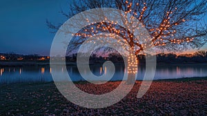 Sparse autumn tree with glowing string lights wrapped around its branches