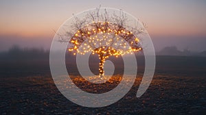 Sparse autumn tree with glowing string lights wrapped around its branches