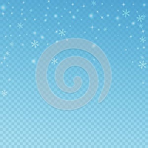 Sparse glowing snow Christmas background. Subtle flying snow flakes and stars on blue transparent background.