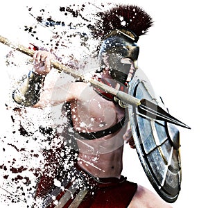 Spartan attack,illustration of a Spartan warrior in Battle dress attacking on a white background with splatter effect.