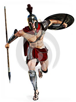 Spartan charge , Full length illustration of a Spartan warrior in Battle dress attacking on a white background