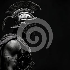 Spartan helmet on a dark background. Black and white photo.