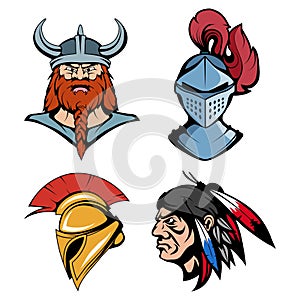 Spartan helmet for head. American Indian Chief. Viking head suitable as logo for team mascot. Knight warrior in combat helmet