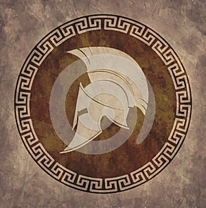 Spartan helmet an icon on old paper in style grunge, is issued in antique Greek style.