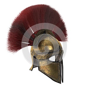 Spartan helmet with plumage on an isolated white background. 3d illustration