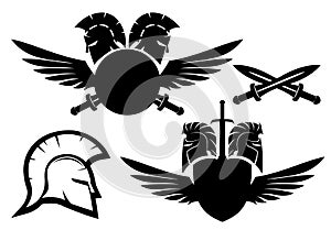 Spartan helmet, shield, sword and wings.