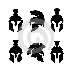 Spartan helmet warrior emblems logotypes set. Vector illustration.