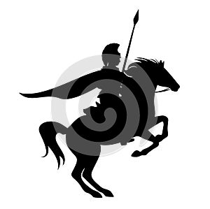 Spartan hero warrior riding rearing up horse black vector silhouette