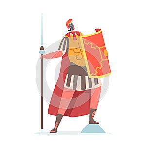 Spartan Legionary, Roman Soldier, Warrior Gladiator Wearing Helmet, Cape Holding Spear and Shield Isolated on White